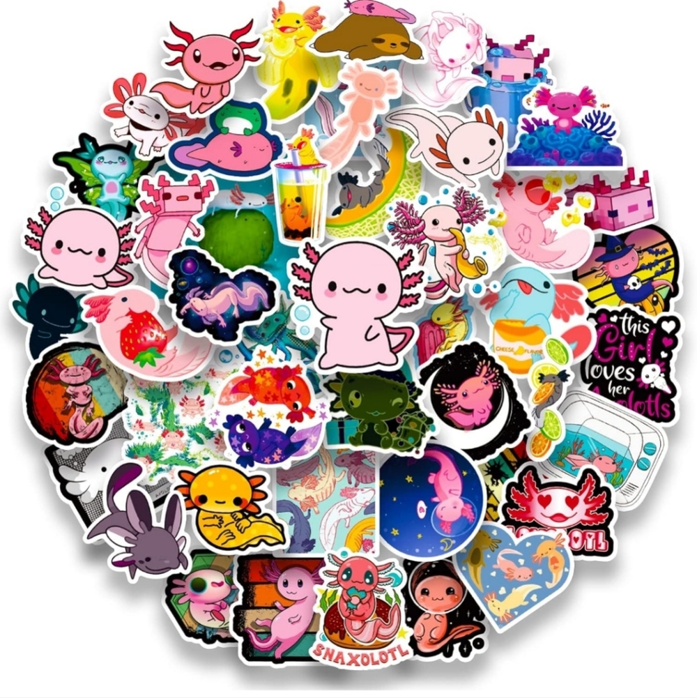 50 Piece Cute Axolotl Sticker Pack for decor laptop phone mug luggage cup